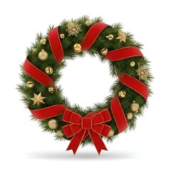 Isolated Christmas Wreath with Red Ribbon, Gold Ornament, and Bow.