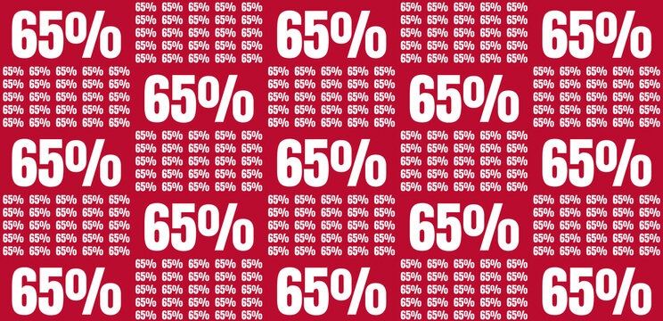 Repeating 65% discount or sale percentage pattern on a vibrant red background, ideal for promotional offers and special deals - Powered by Adobe