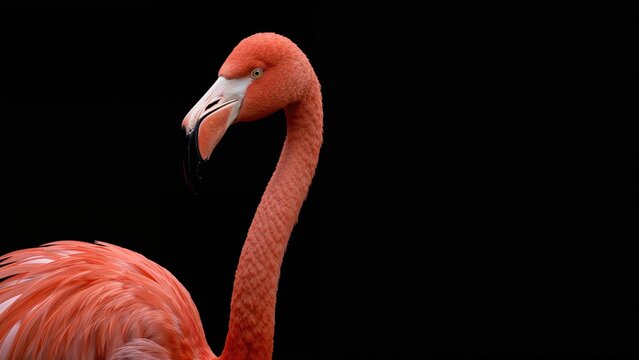 Bright pink flamingo against a black background.