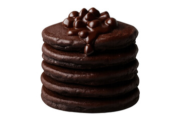 Stack of chocolate pancakes with melted chocolate sauce and chocolate chips on transparent background