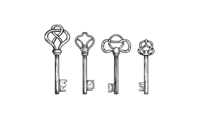 Four Ornate Hand-Drawn Sketch Keys