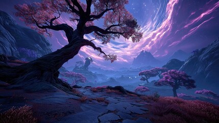 A large, twisted tree with pink blossoms dominates the foreground of a fantasy landscape. The scene is bathed in purple and blue light, with a dramatic, swirlin