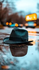A black fedora hat lies in a puddle of water, reflecting in the wet surface. The background shows blurred lights and a street scene, suggesting a rainy day.