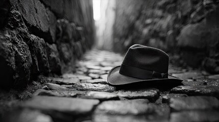 A black fedora hat rests on a cobblestone path in a narrow alleyway. The image is in black and white, creating a moody atmosphere.