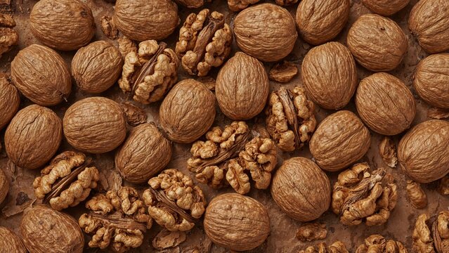 A close-up of walnuts and hazelnuts showing their shells and textures.