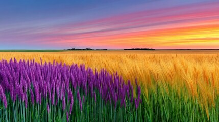A vibrant landscape featuring a field of purple flowers and golden wheat, bathed in the warm glow of a sunset.