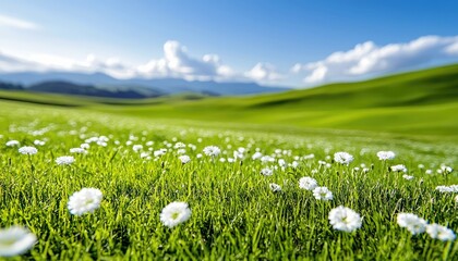 A field of white daisies in full bloom with lush green grass and rolling hills under a bright blue sky with fluffy white clouds.