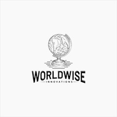 hand drawn Globe on the stand logo template. Hand drawing vector sketch monochrome illustration.