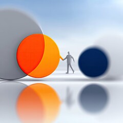 A small figure holds a circle, with other spheres in the background, reflected on a shiny surface. The image is a conceptual illustration with a bright, clean a