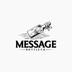 Message bottle logo with a combination of a bottle and paper that floats on the water. Hand Drawn Logo