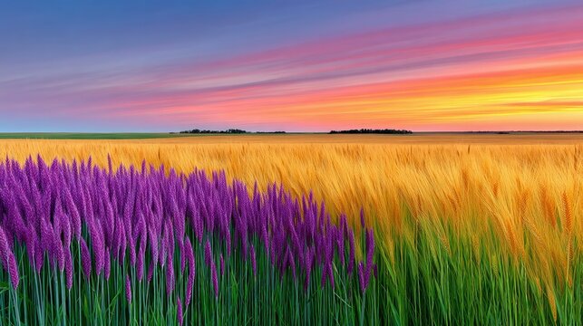 A vibrant landscape featuring a field of purple flowers and golden wheat, bathed in the warm glow of a sunset. - Powered by Adobe