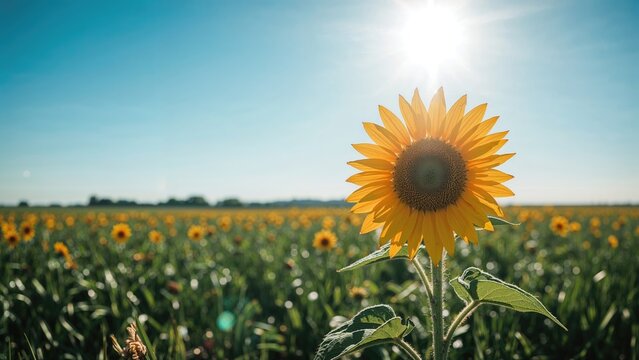 Close-up of a sunflower in a vast sunflower field on a sunny day. Bright sunlight and blue sky. Agriculture and nature, concept. Growth and environmental themes.