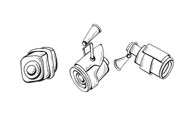 Hand drawn doodle security cameras set. Vector illustration. Isolated elements on white background. Symbol collection.