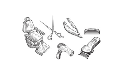 Barbershop vintage tools and equipment vector sketch illustration. Hand drawn icons and design elements for mens barber shop or salon.