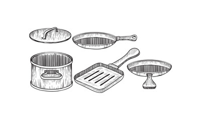 Vector illustration of frying pan set. Device for frying food different types Braizer, french skillet, grill pan, saute pan. Vintage hand drawn style.