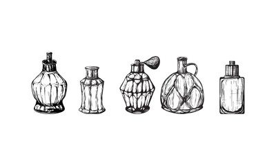 Fragrance bottles vector illustration. Hand drawn sketch style image. Use for cosmetic sale.