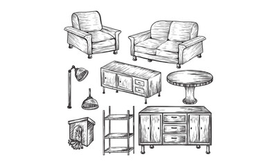 Living room modern furniture icons set. Vector hand drawn sketch illustration. Interior design elements isolated on white background. Cozy contemporary loft home furniture collection