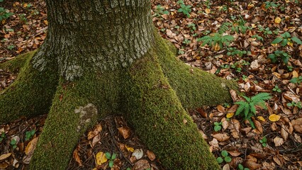 Close-up of a moss-covered tree trunk with roots on a leaf-littered forest floor. Nature and forest environment, natural growth, and ecology. The concept of woodland and biodiversity.