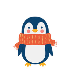 Adorable cartoon penguin wearing an orange knitted scarf in a full body view with a black background and white eyes and pink cheeks