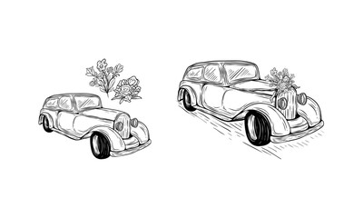 A line drawn illustration of a wedding car. A classic vehicle hand drawn in black and white.