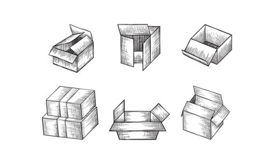 Cardboard boxes set. Closed and open empty postal packages collection. Vector hand drawn sketch illustration. Pile of carton mailboxes, isolated on white background
