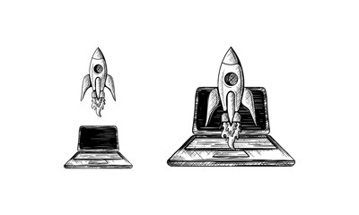 Rocket flies out of laptop screen. Vector hand drawn sketch illustration. Business projects startup and innovation technologies concept