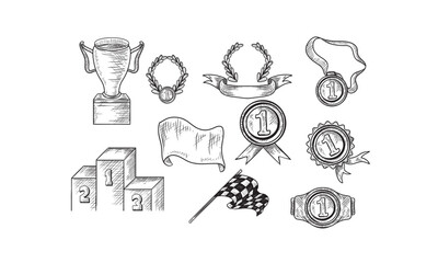 Set of winners handdrawn icons - goblet, medal, wreath, race flags, belt, sertificate. Vector