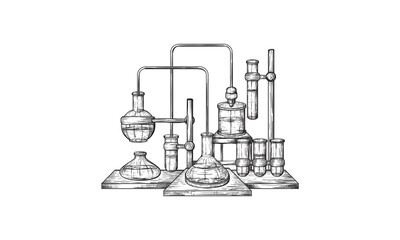 Chemical Laboratory still life sketch style vector illustration. Old hand drawn engraving imitation.