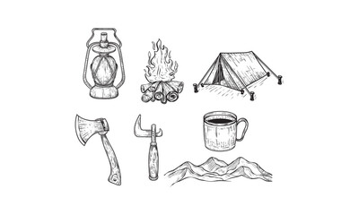 Vector illustration of hand drawn forest camping vacation objects set. Off road car, metal mug, mountains, flag, can top, tin opener, ax, tent, lantern, bonfire. Vintage engraving style.