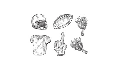 American football sports equipment. Vector hand drawn sketch illustration. Ball, helmet, uniform t-shirt and protection gear icons, isolated on white background