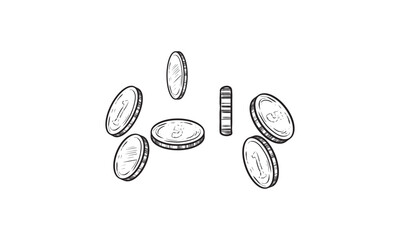 Set of coins with dollar symbol in different positions. Black and white sketch of shining metal money at different angles. Hand drawn vector illustration isolated on white background.