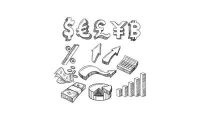 Doodle style coin with currency symbol set including euro, dollar, yen, pound, cent, ruble, won, yuan, shekel, and franc