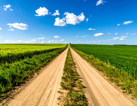 Scenic dirt road through vibrant green fields under a bright blue sky with fluffy clouds, perfect for nature and rural travel themes.