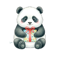 Adorable Fluffy Baby Panda Holding a Gift Box Wearing a Red and Blue Ribbon Isolated on White Background Watercolor Style