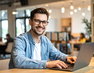 Smiling young man with glasses using laptop in a modern office or coworking space. Happy professional working remotely, studying, or connecting online.