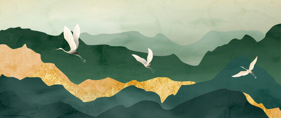 Landscape art background featuring mountains and hills in a modern style in green and gold with birds in flight. A natural banner for decor, prints, wallpaper, packaging, and textiles.