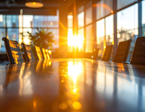 Golden hour sunlight fills a modern, empty conference room with a polished table and chairs, reflecting warm light. Ideal for business, success, and teamwork concepts.