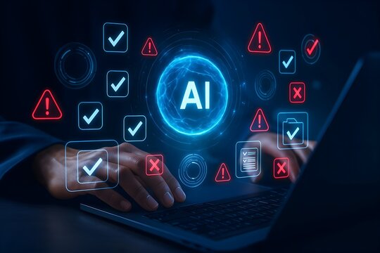 AI risk management and ethics safety concept with checklist and alert icons floating over laptop as professional ensures responsible artificial intelligence system through compliance and validation