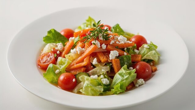 Fresh vegetable salad with cherry tomatoes, carrots, lettuce, and cheese garnished with herbs on a white plate. - Powered by Adobe