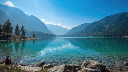 Scenic mountain lake landscape with clear water, mountains, and trees under a blue sky. Nature and outdoor scenery. The tranquility of natural water bodies and mountain surroundings.