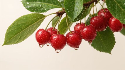 Red cherries on a tree branch with water droplets, surrounded by green leaves. Fresh fruit and nature. The concept of healthy eating and natural produce.