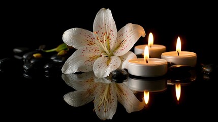 Elegant flower and candle arrangement on black for sophisticated events, romantic settings, and peaceful moments. A calming floral design element.