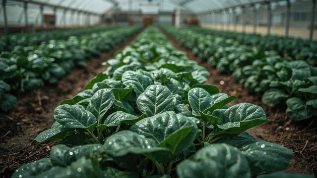 Rows of lush, green leafy plants growing in a greenhouse or farm setting. Agriculture and cultivation, concept. Farming technology and greenhouse practices. The concept of sustainable farming. - Powered by Adobe