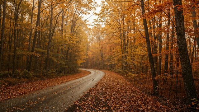 Autumn forest with a winding dirt road surrounded by colorful fall foliage. - Powered by Adobe