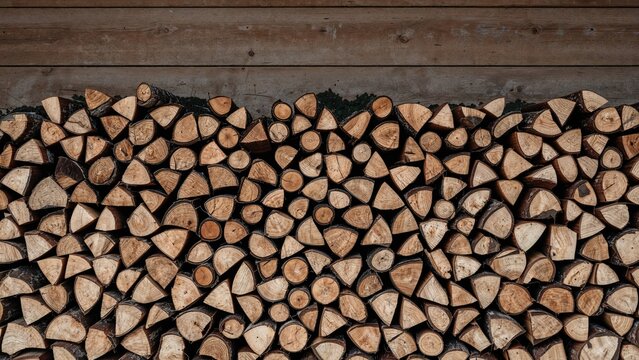 Stacked firewood logs with cut ends visible, arranged horizontally in front of a wooden wall.