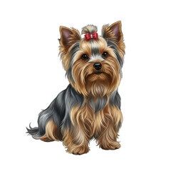 Adorable Yorkshire Terrier Dog Sitting On Transparent Background Wearing A Red Bow With Detailed Fur And Expressive Eyes Full Body Studio Shot