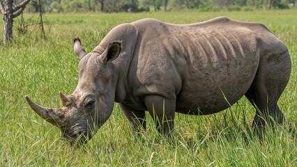 Obraz premium A rhinoceros grazing on grass in a field.