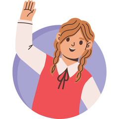 Smiling Young Girl With Braids Raising Her Hand Up Wearing A Red Vest Over White Shirt Against A Purple Circular Background With A Transparent Layer Great For Educational Content And Presentations