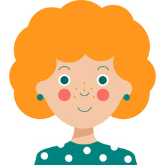 Smiling Young Girl with Bright Orange Curly Hair and Freckles Wearing a Teal Polka Dot Shirt and Teal Earrings Against a White Background