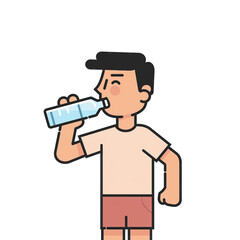 Animated Cartoon Male Character Wearing Light Peach T Shirt and Peach Shorts Drinking Water From Clear Plastic Bottle Isolated On Black Background